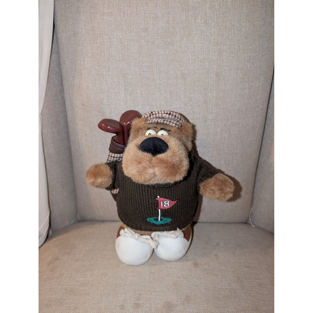 Russ Berrie Sid Bear Golfer Plush Brown Sweater Plaid Hat 24694 10 inch